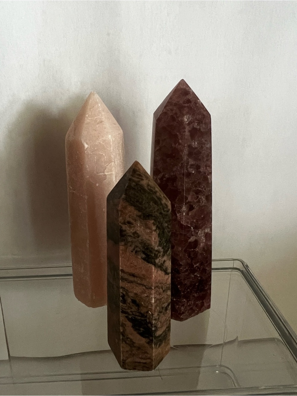 Set of 3-Decorative Crystal Towers in Pink Opal, Rhodonite, Strawberry